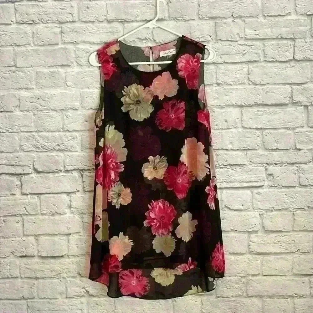 Calvin Klein women's tunic top black with pink and red flowers sleeveless Size S